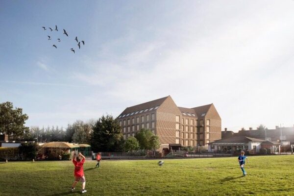 Rendering of the 203-bed Hendon purpose-built student accommodation building seen from an adjacent sports field