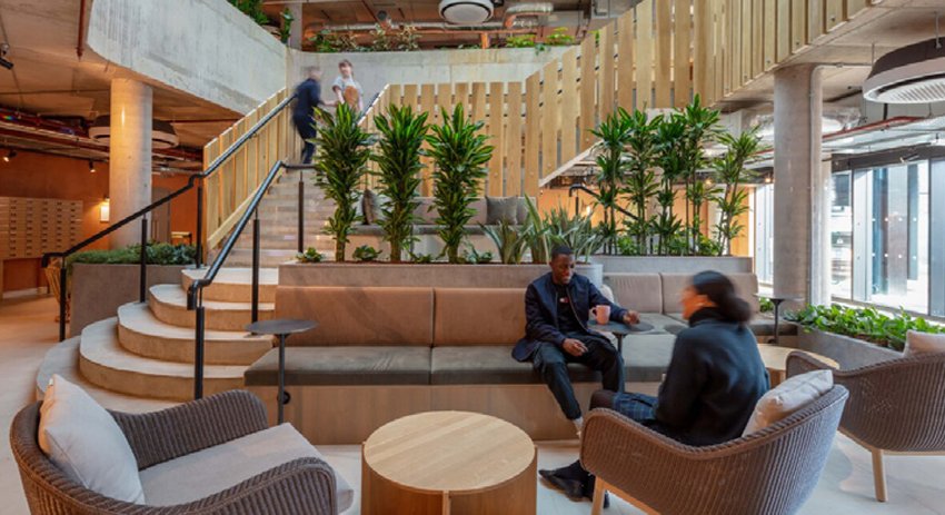 Interior visualisation of communal lounge and co-working space with planting and tiered seating